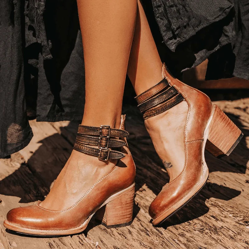 Black Heeled Boots – Double Strap Ankle Block Heel - Dark Brown