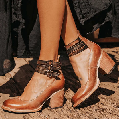 Black Heeled Boots – Double Strap Ankle Block Heel - Dark Brown