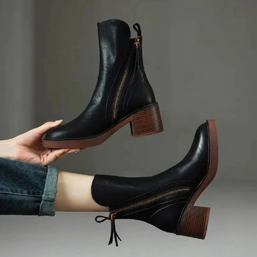 Black Leather Ankle Boots – Block Heel Side Zip