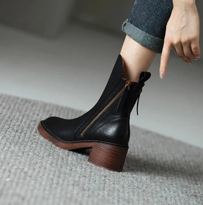 Black Leather Ankle Boots – Block Heel Side Zip