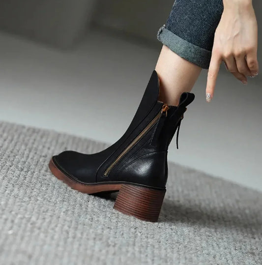 Black Leather Ankle Boots – Block Heel Side Zip