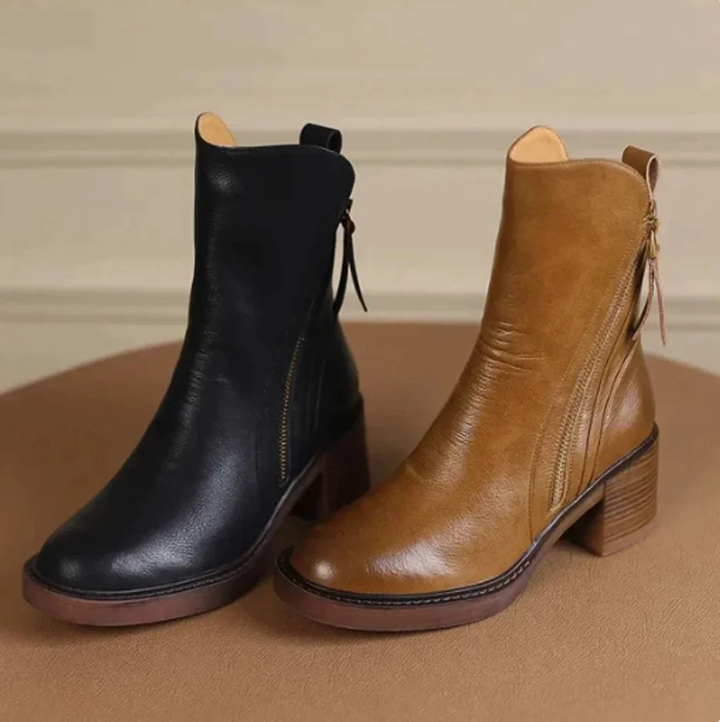 Black Leather Ankle Boots – Block Heel Side Zip