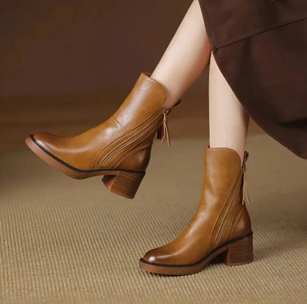 Black Leather Ankle Boots – Block Heel Side Zip - Brown
