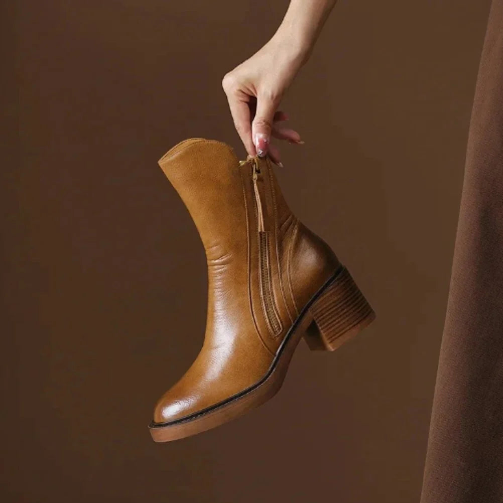 Black Leather Ankle Boots – Block Heel Side Zip