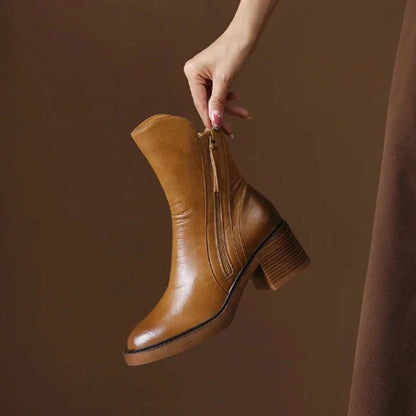 Black Leather Ankle Boots – Block Heel Side Zip
