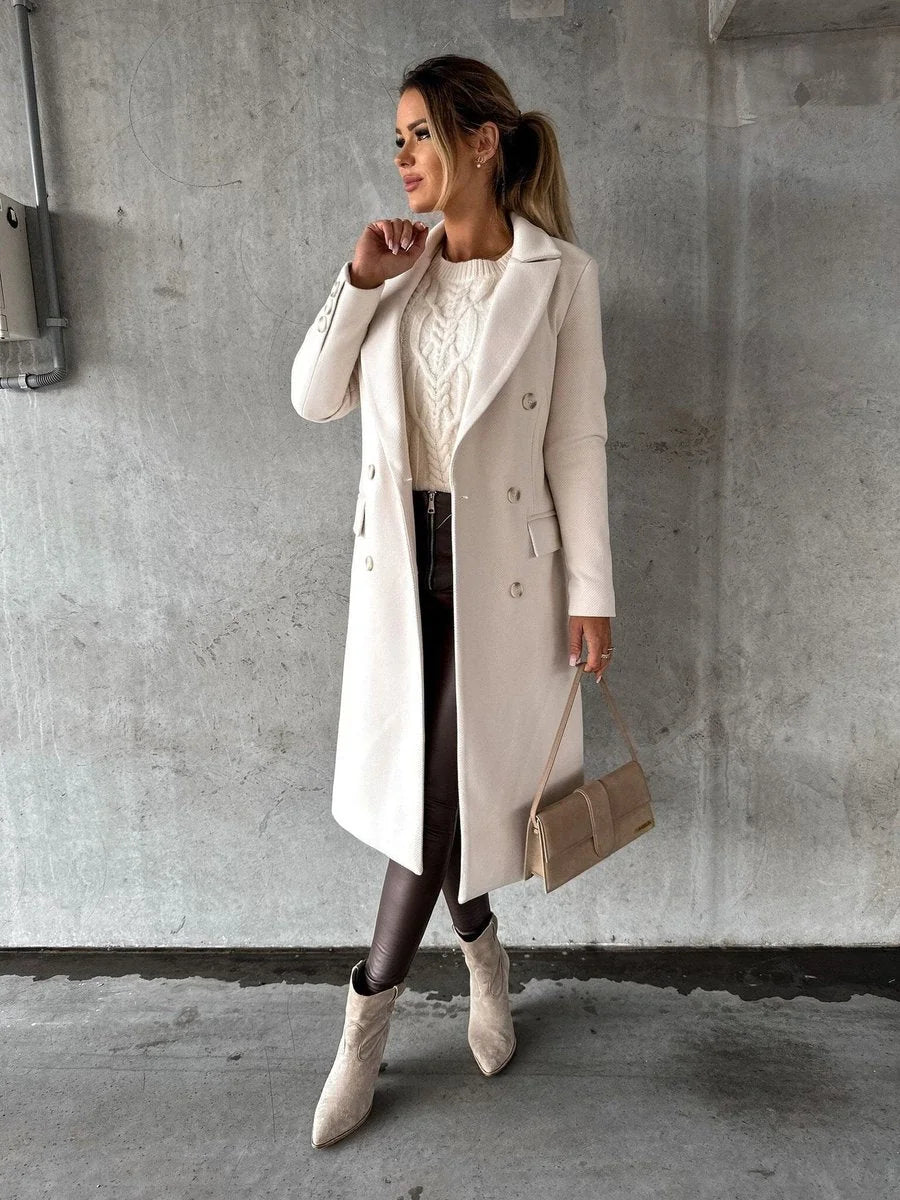 Black Long Coat – Double-Breasted Gold Button Winter - Beige
