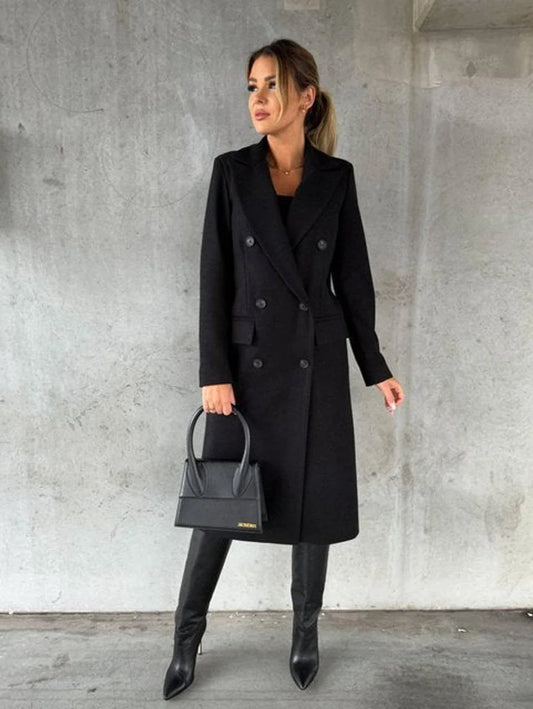 Black Long Coat – Double-Breasted Gold Button Winter - Black