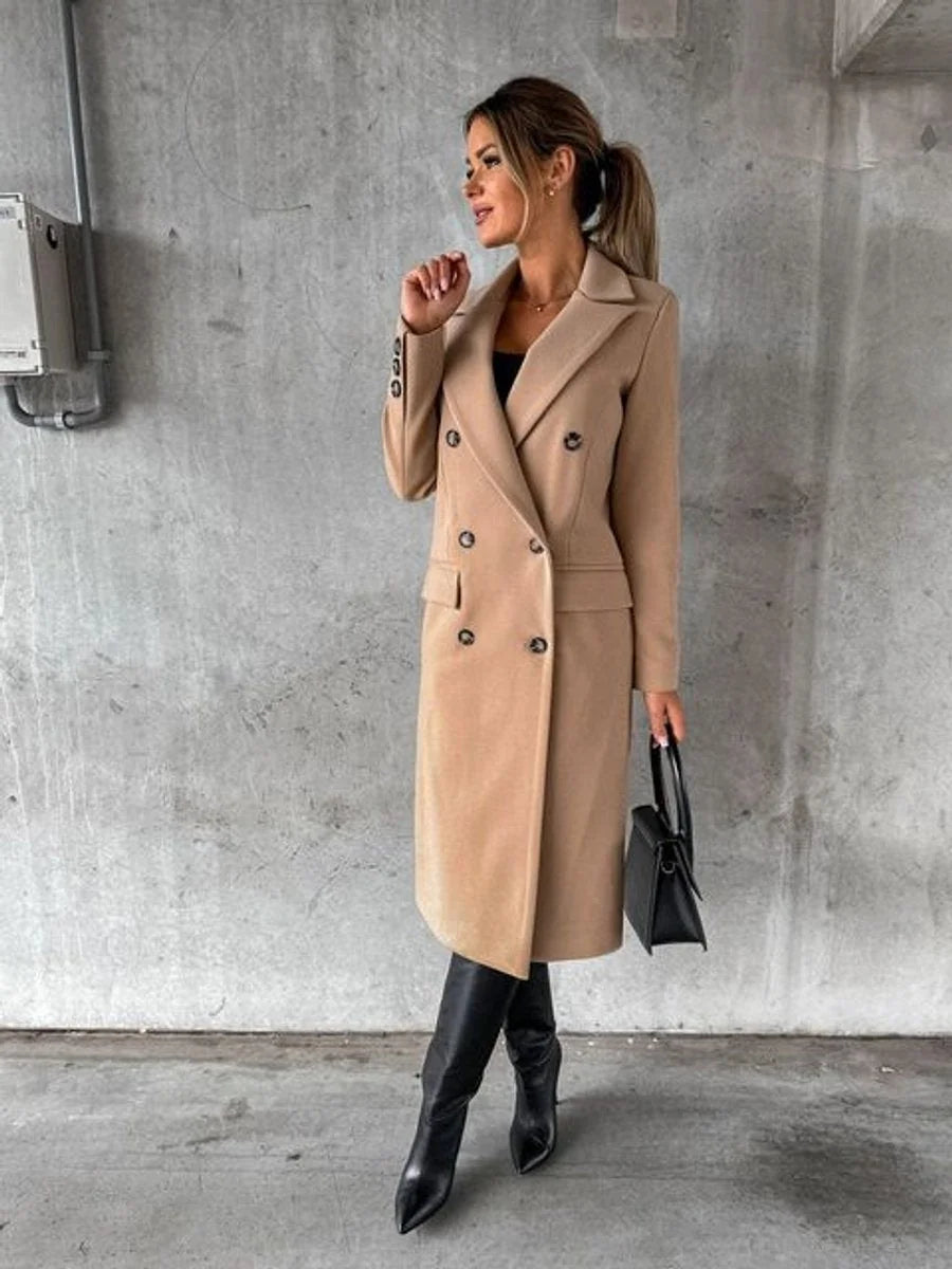 Black Long Coat – Double-Breasted Gold Button Winter - Khaki