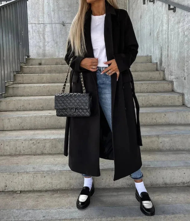 Black Long Winter Coat – Oversized Double-Breasted Lapel - Black