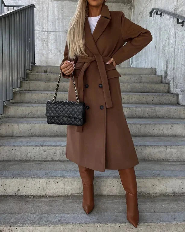 Black Long Winter Coat – Oversized Double-Breasted Lapel - Brown
