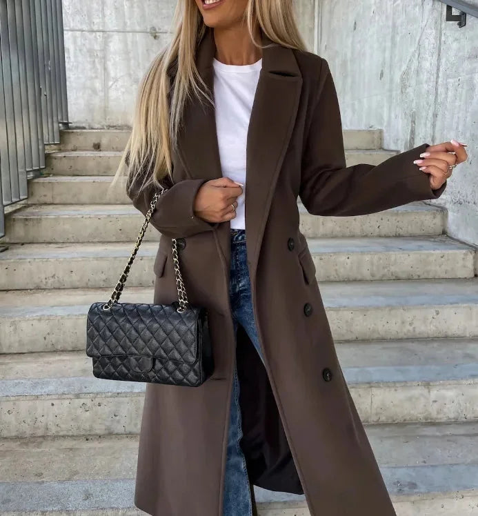 Black Long Winter Coat – Oversized Double-Breasted Lapel - Dark Brown