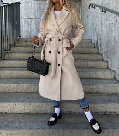 Black Long Winter Coat – Oversized Double-Breasted Lapel - Khaki