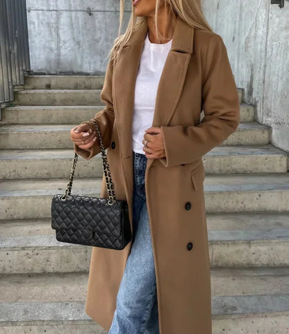 Black Long Winter Coat – Oversized Double-Breasted Lapel - Light Brown