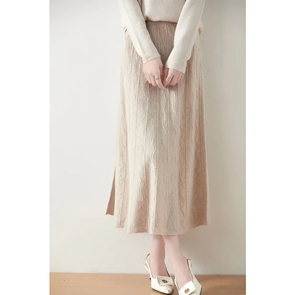 Black Midi Skirt – Merino Wool Knit A-Line Elastic Waist - Beige