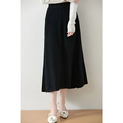 Black Midi Skirt – Merino Wool Knit A-Line Elastic Waist - Black