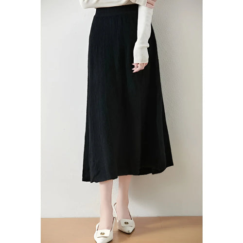 Black Midi Skirt – Merino Wool Knit A-Line Elastic Waist