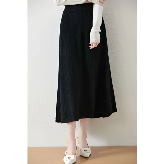Black Midi Skirt – Merino Wool Knit A-Line Elastic Waist - Black