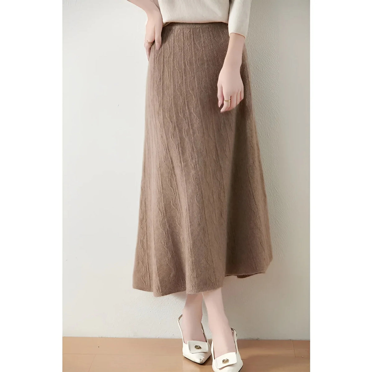 Black Midi Skirt – Merino Wool Knit A-Line Elastic Waist - Camel
