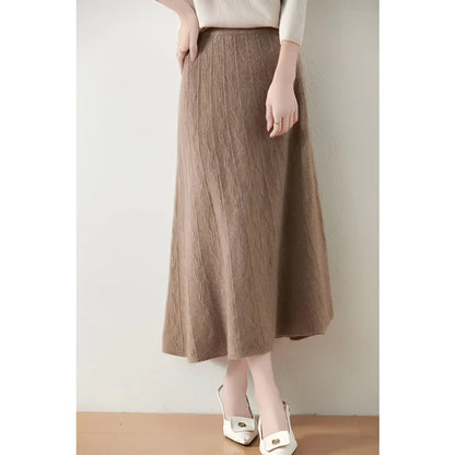 Black Midi Skirt – Merino Wool Knit A-Line Elastic Waist - Camel