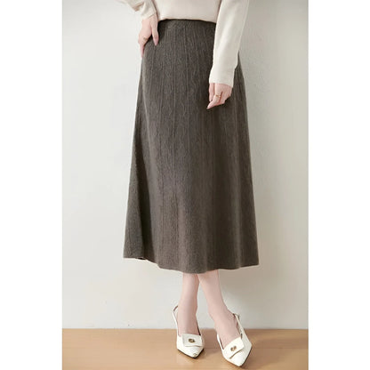 Black Midi Skirt – Merino Wool Knit A-Line Elastic Waist - Coffee