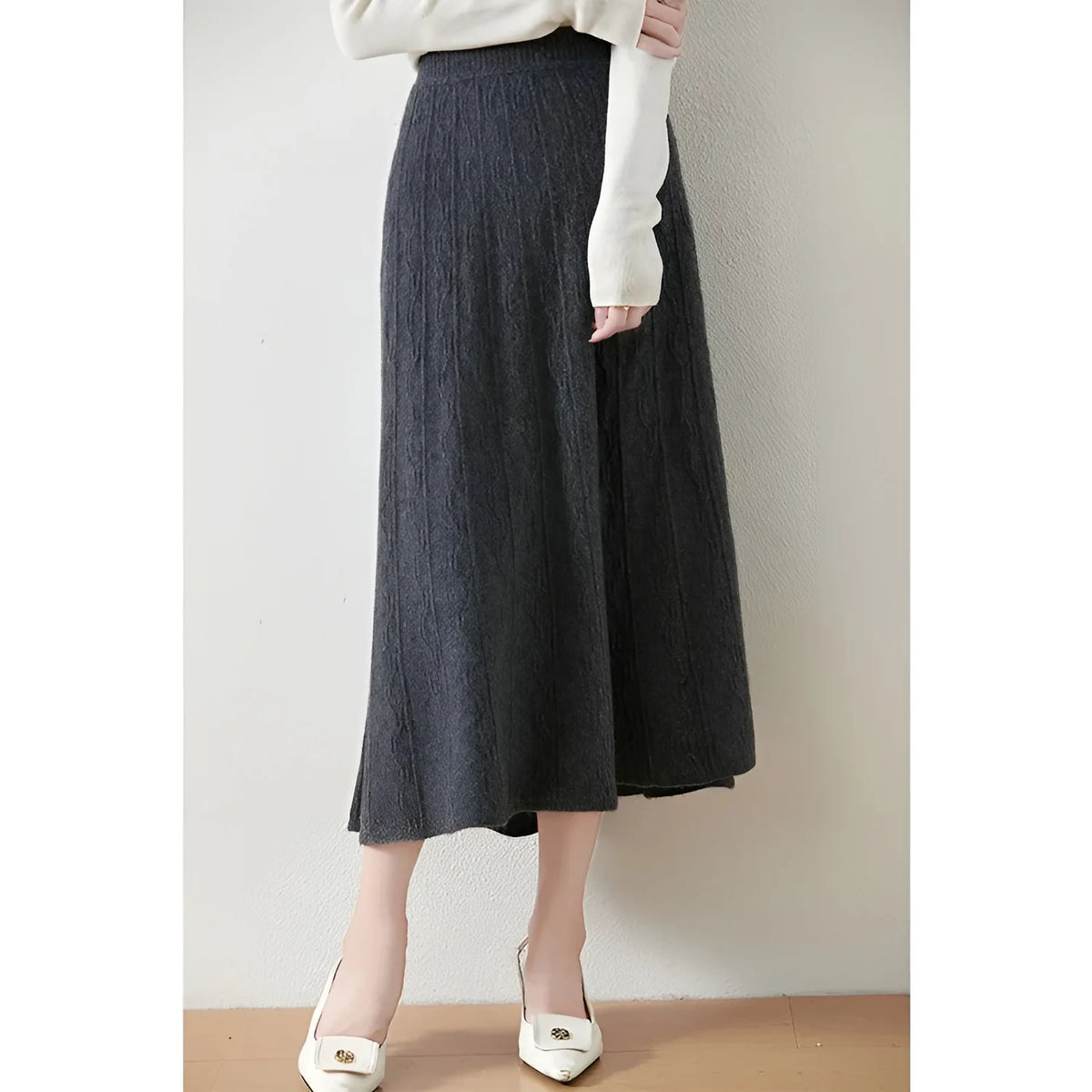 Black Midi Skirt – Merino Wool Knit A-Line Elastic Waist - Grey