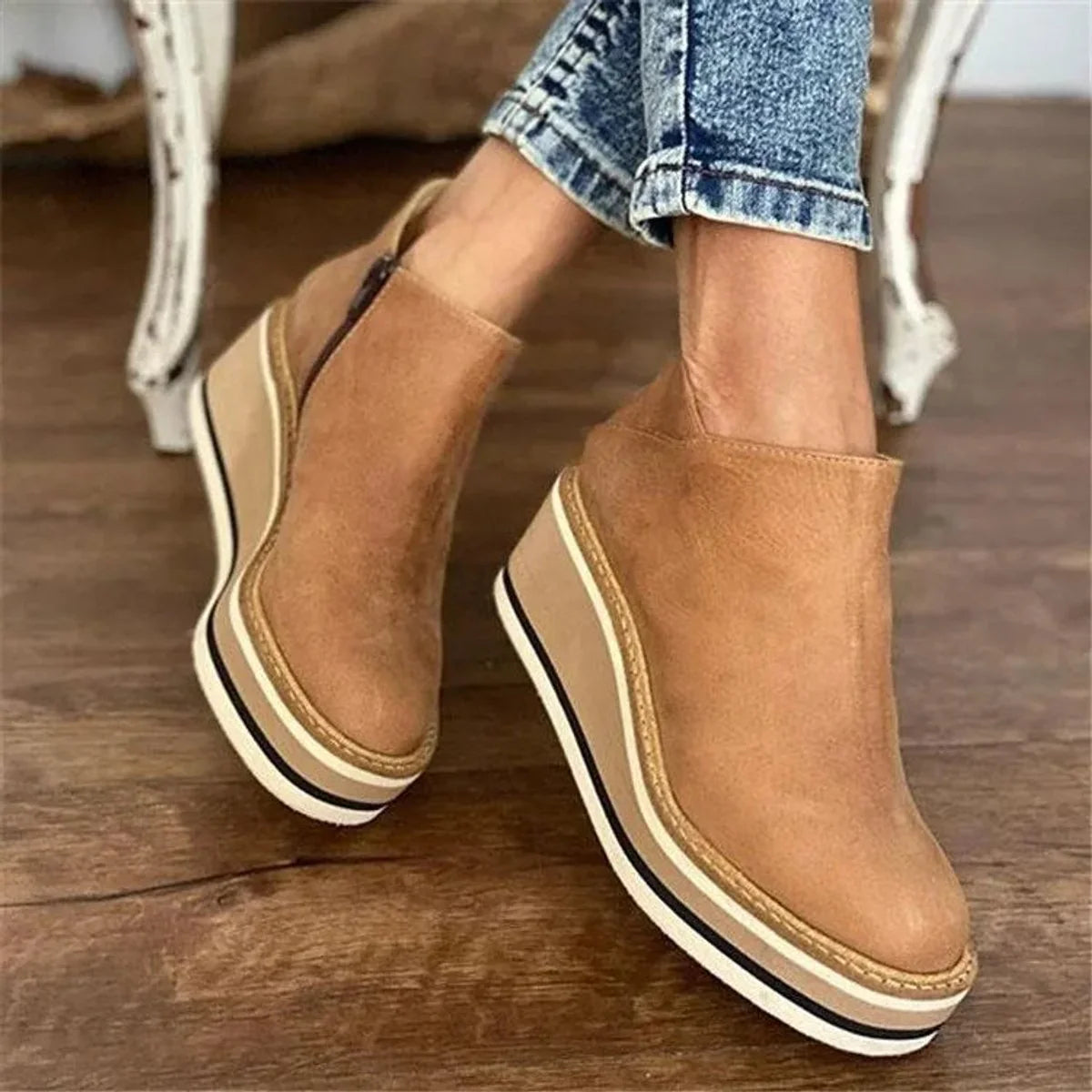 Black Platform Boots – Wedge Ankle Side Zip - Beige
