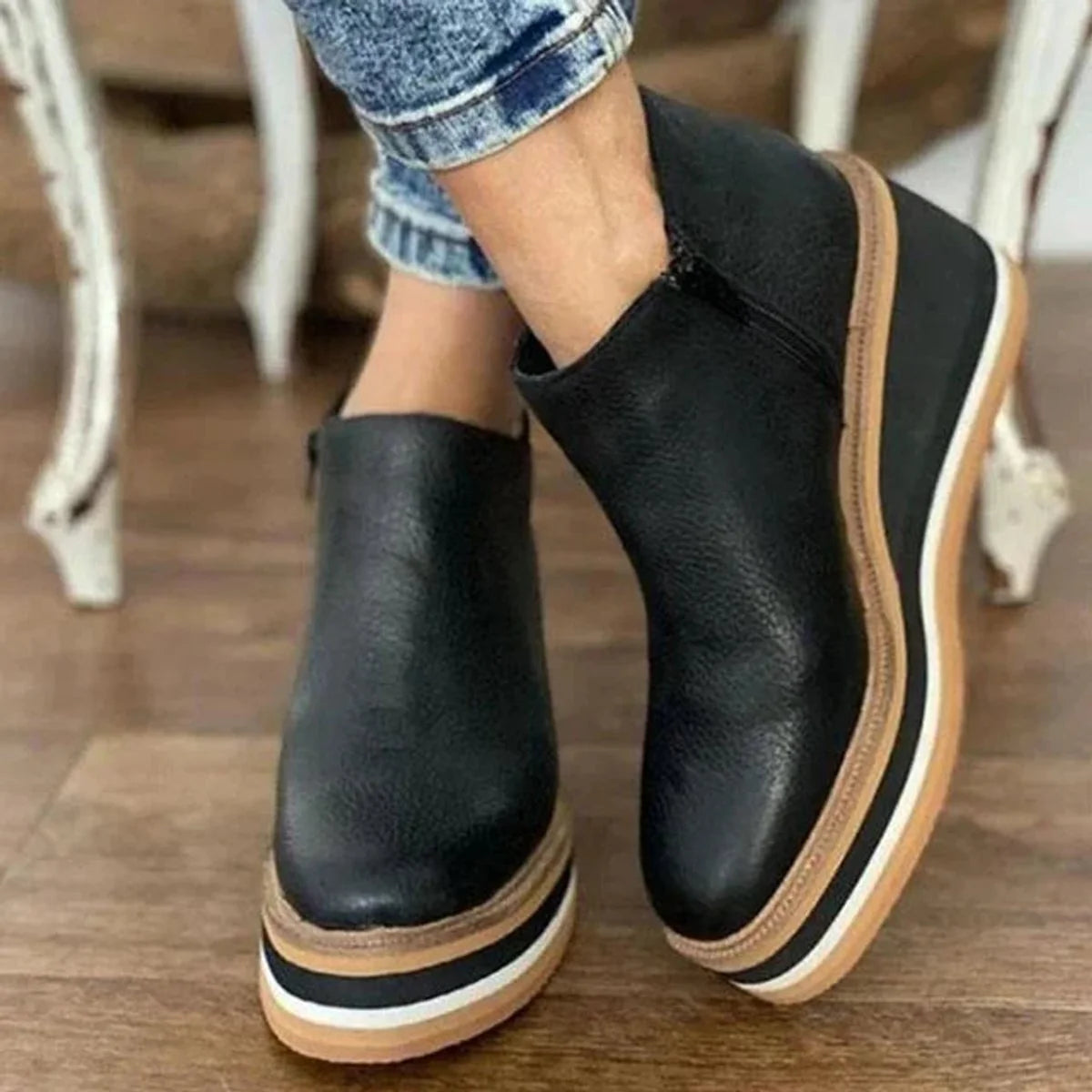 Black Platform Boots – Wedge Ankle Side Zip - Black