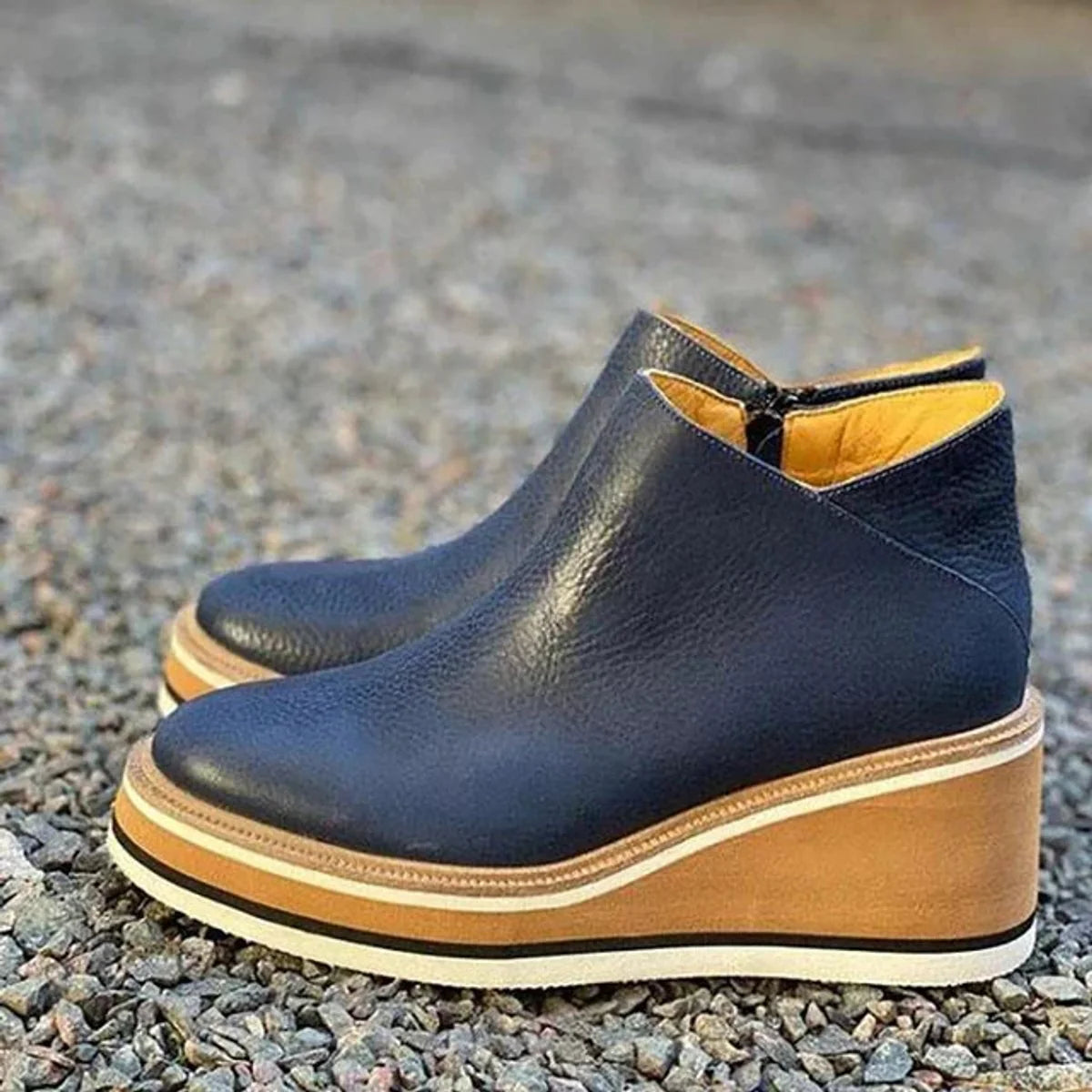 Black Platform Boots – Wedge Ankle Side Zip - Dark Blue