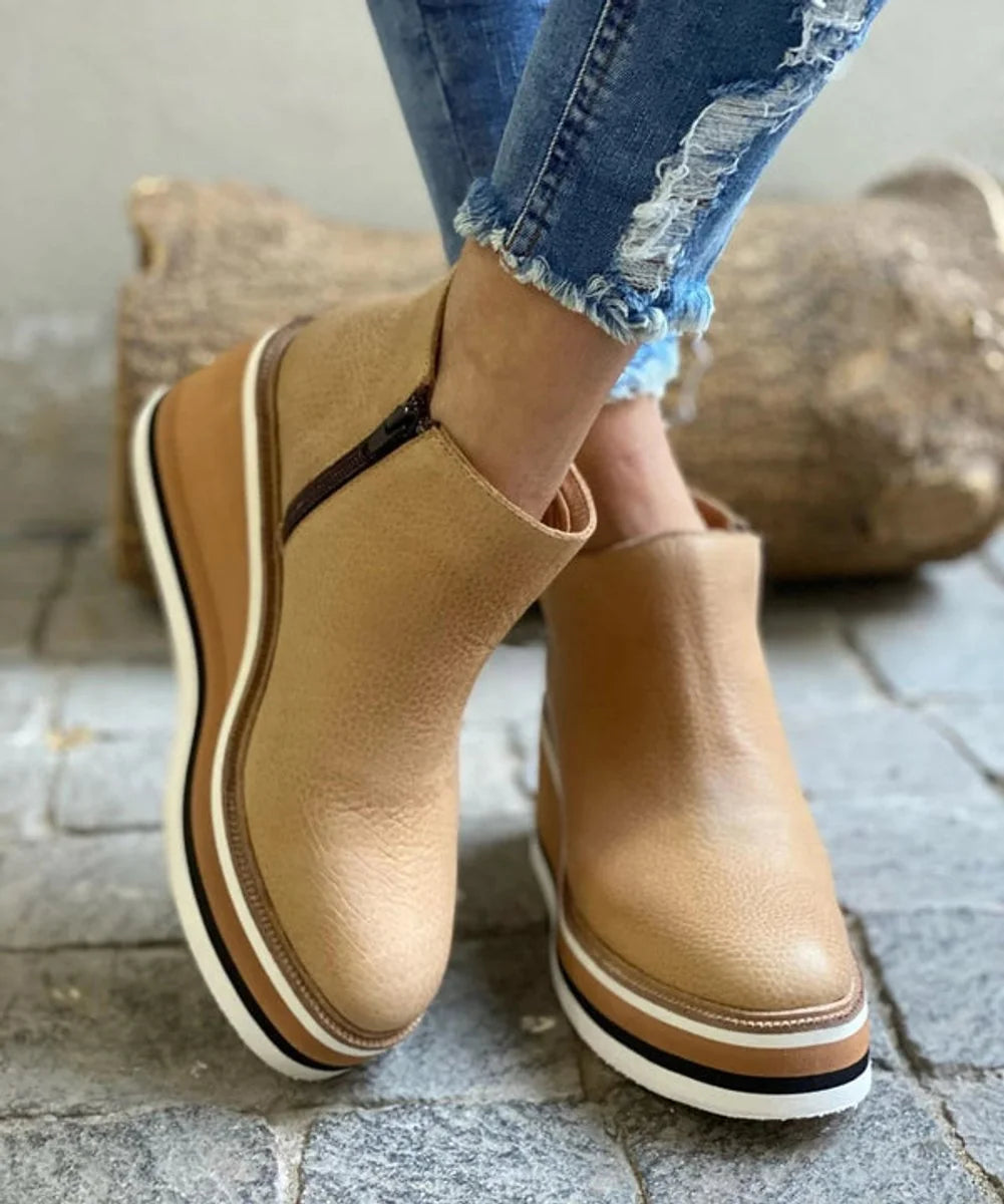 Black Platform Boots – Wedge Ankle Side Zip - Khaki