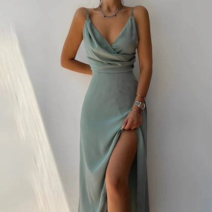 Black Satin Dress – Cowl Neck Maxi High Slit Holiday - Army Green