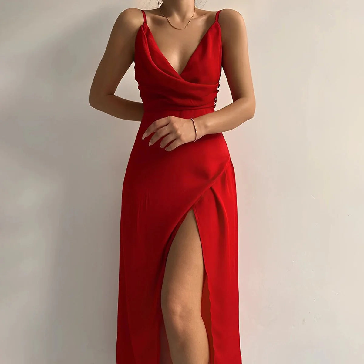 Black Satin Dress – Cowl Neck Maxi High Slit Holiday - Red