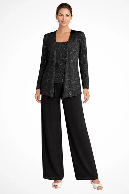 Black Sequin Pant Set – Three-Piece Holiday Cardigan Set - Black