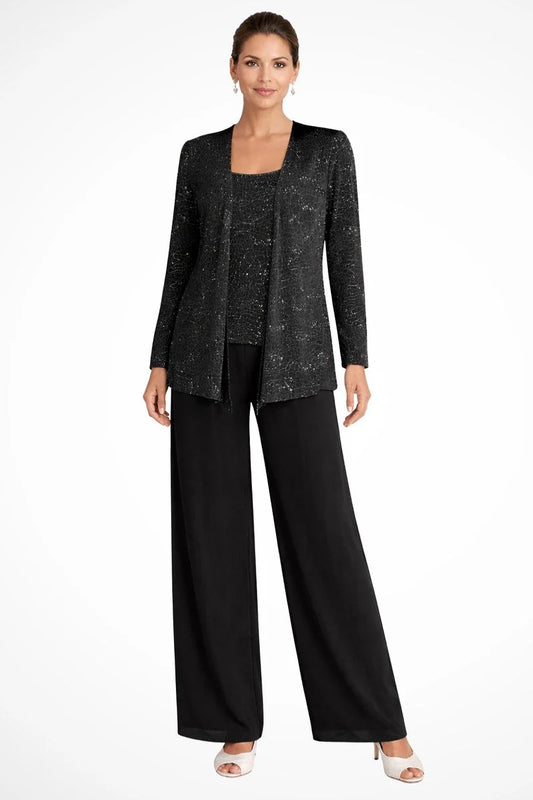Black Sequin Pant Set – Three-Piece Holiday Cardigan Set - Black
