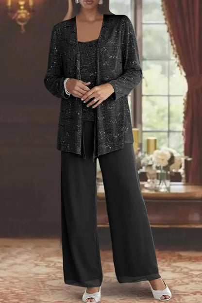 Black Sequin Pant Set – Three-Piece Holiday Cardigan Set