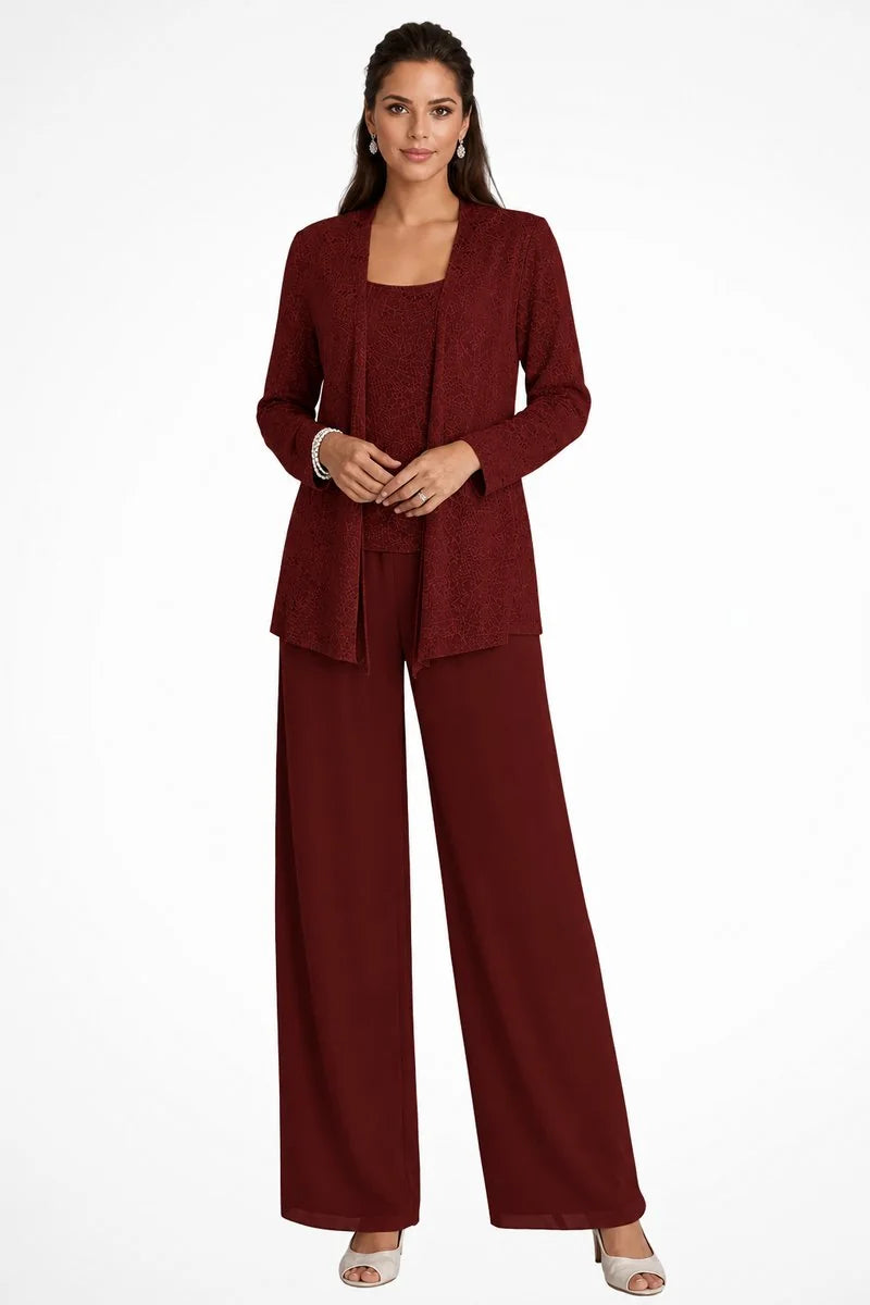 Black Sequin Pant Set – Three-Piece Holiday Cardigan Set - Burgundy