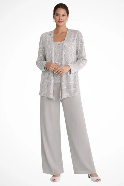 Black Sequin Pant Set – Three-Piece Holiday Cardigan Set - Silver