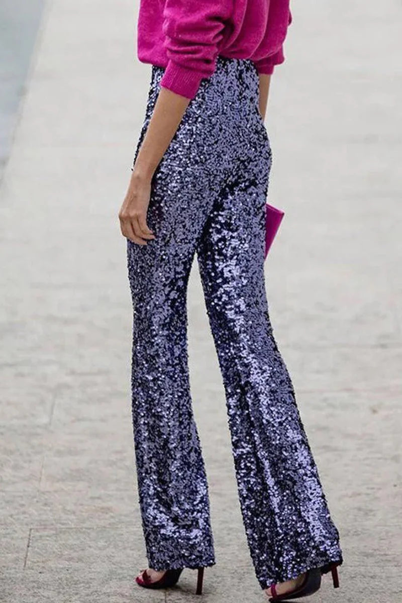 Black Sequin Pants – High-Waist Flare Holiday - Dark Blue