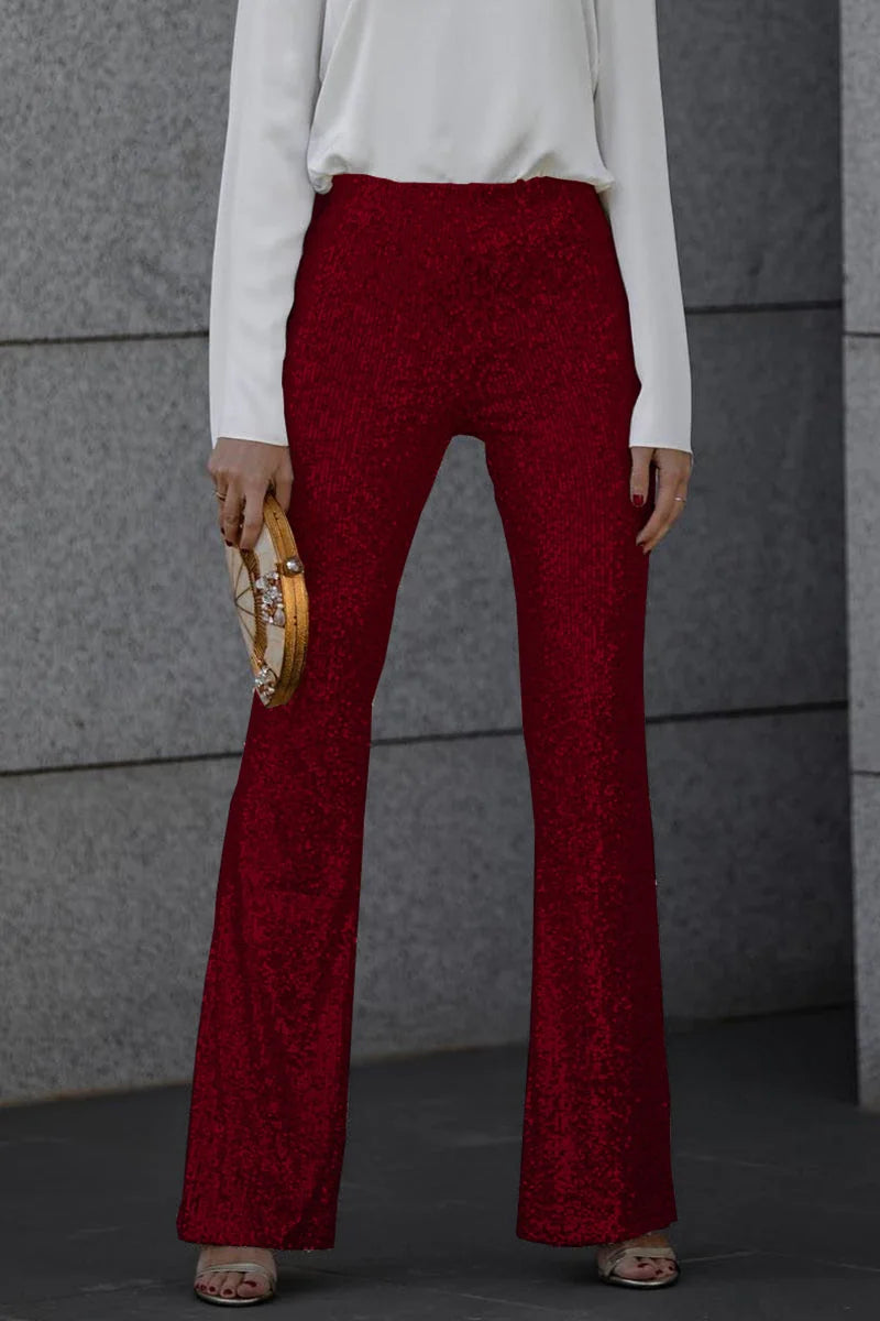Black Sequin Pants – High-Waist Flare Holiday - Wine Red