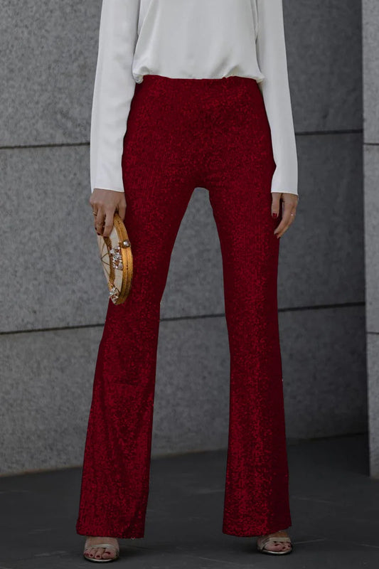 Black Sequin Pants – High-Waist Flare Holiday - Wine Red