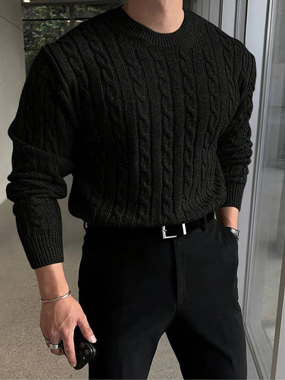 Grey Cable Knit Sweater – Men's Crew Neck Twisted Knit - Black