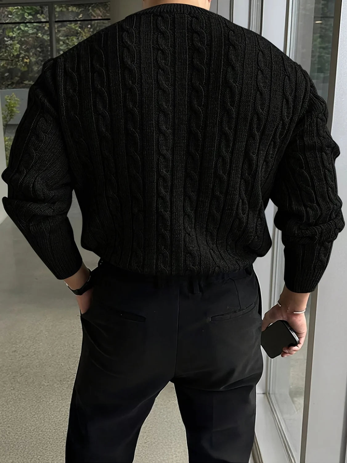 Grey Cable Knit Sweater – Men's Crew Neck Twisted Knit