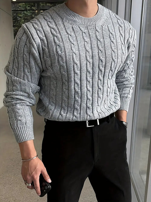 Grey Cable Knit Sweater – Men's Crew Neck Twisted Knit