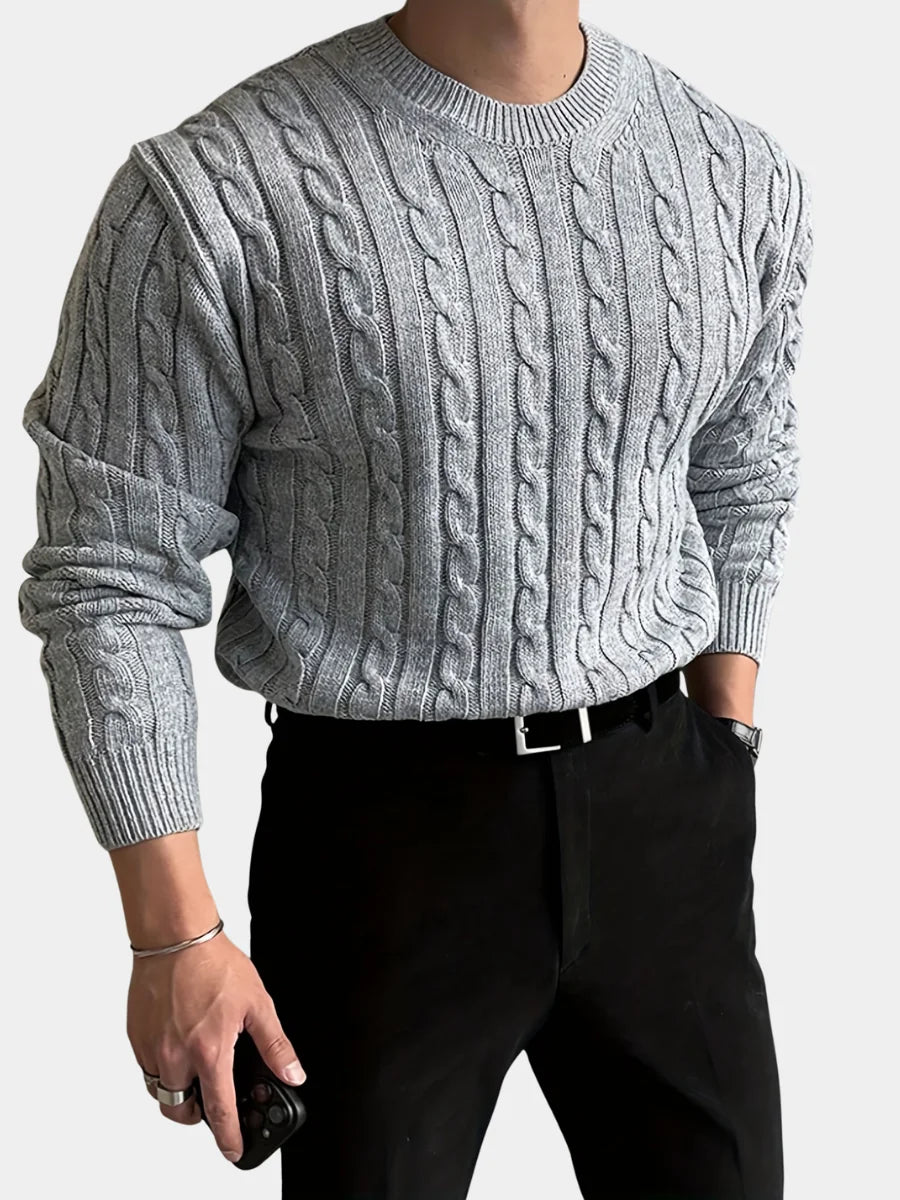 Grey Cable Knit Sweater – Men's Crew Neck Twisted Knit