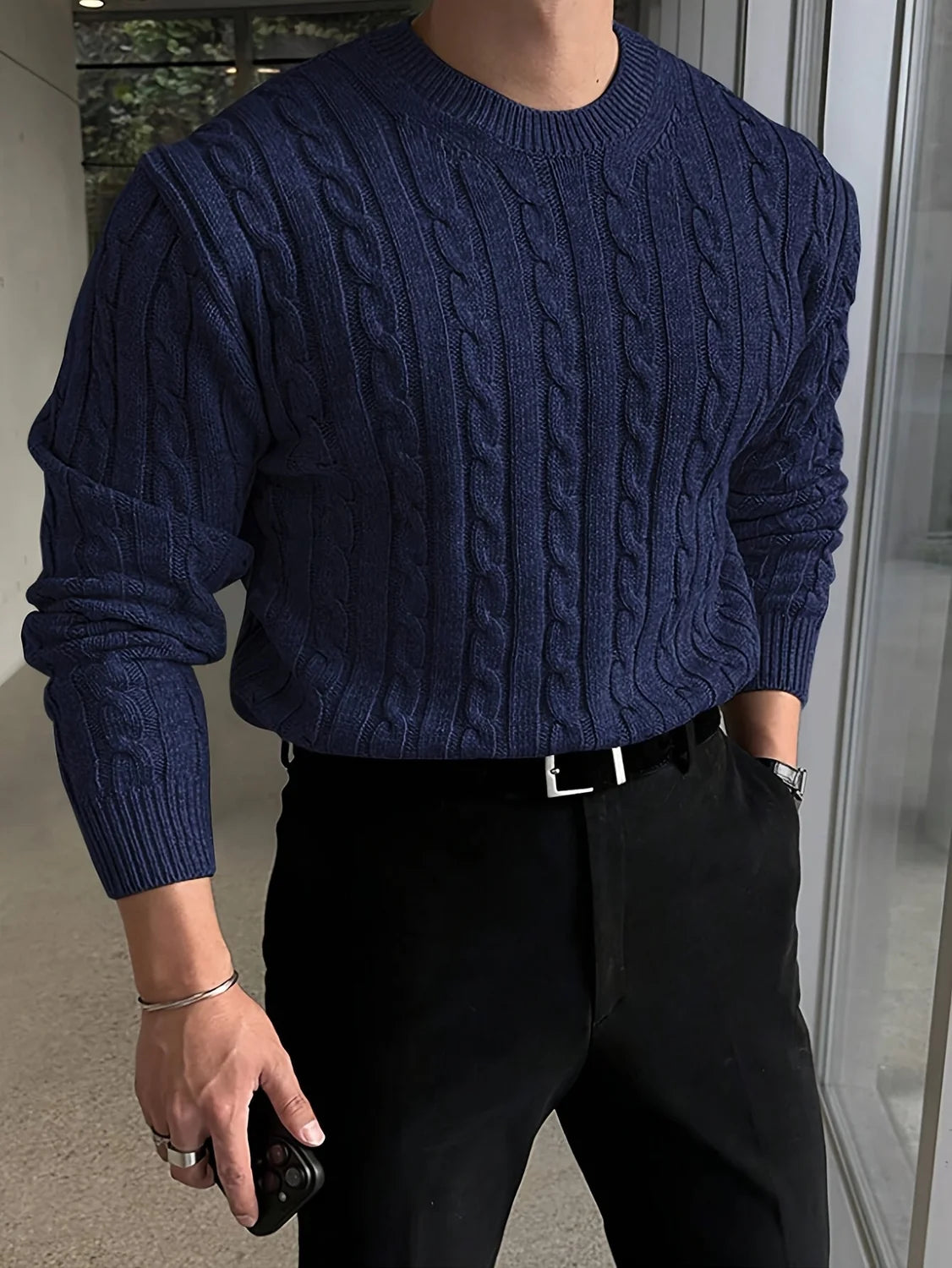 Grey Cable Knit Sweater – Men's Crew Neck Twisted Knit - Navy Blue