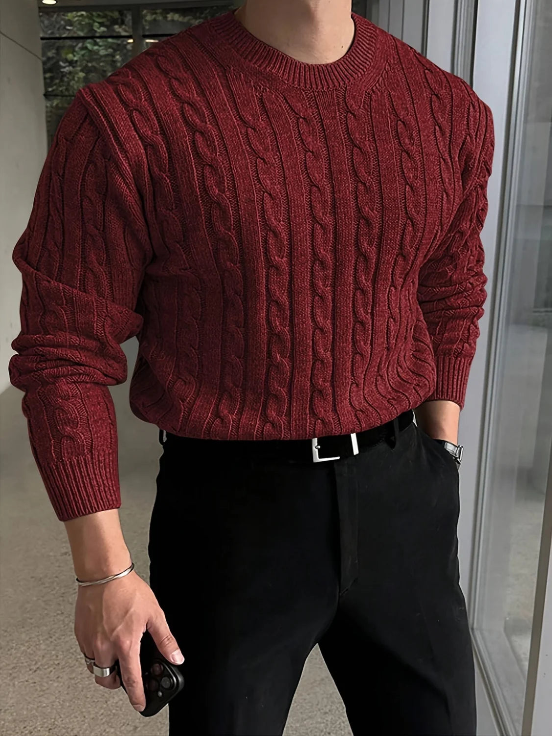 Grey Cable Knit Sweater – Men's Crew Neck Twisted Knit - Red
