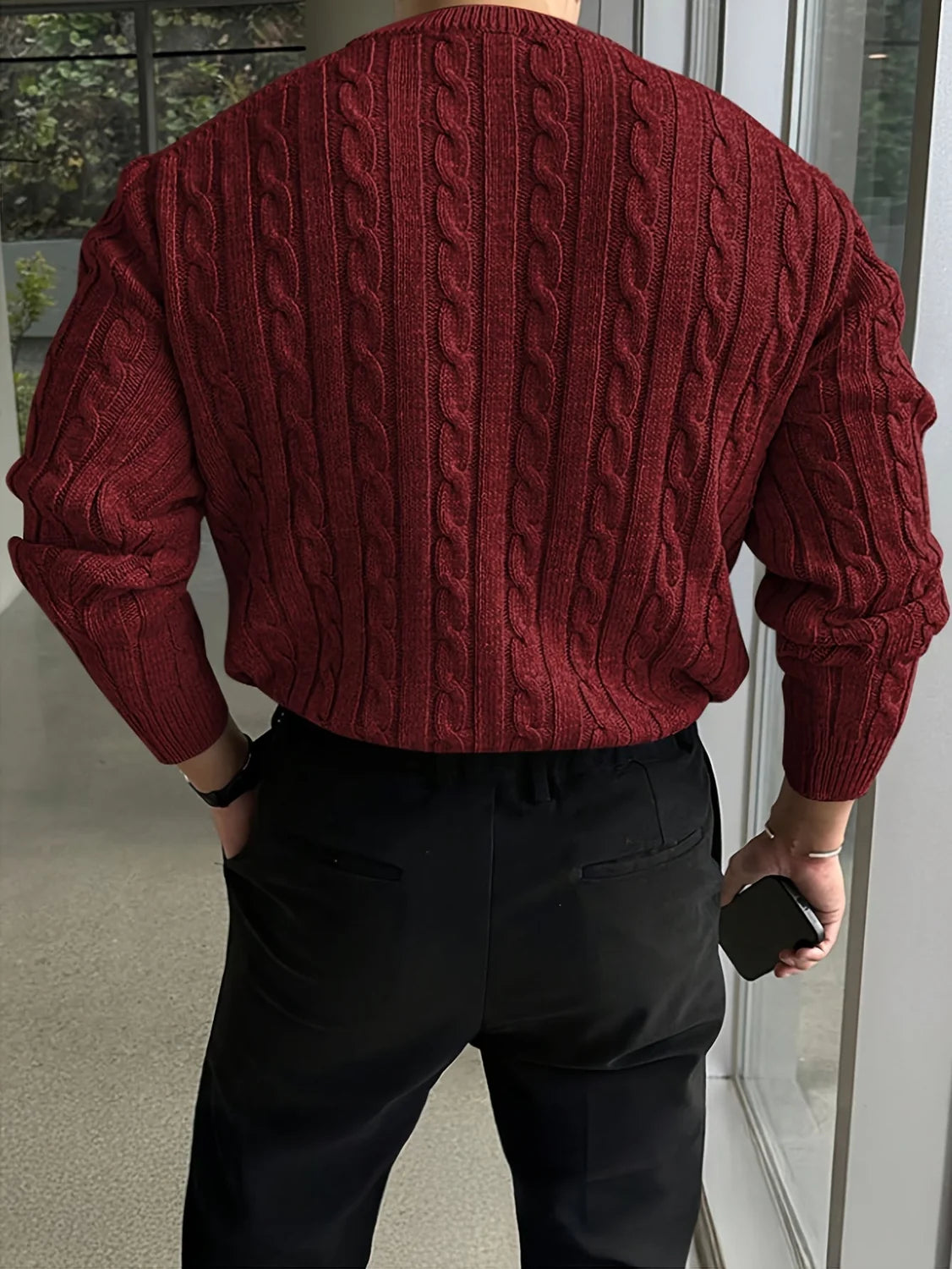 Grey Cable Knit Sweater – Men's Crew Neck Twisted Knit