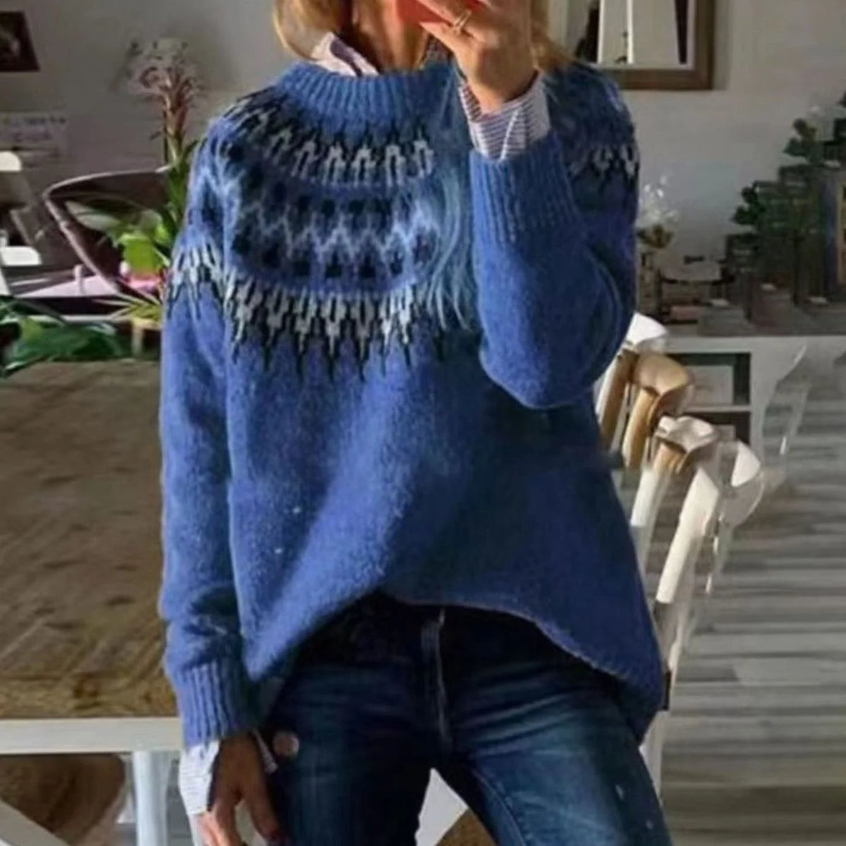 Grey Fair Isle Sweater – Women's Nordic Yoke Winter Knit - Blue