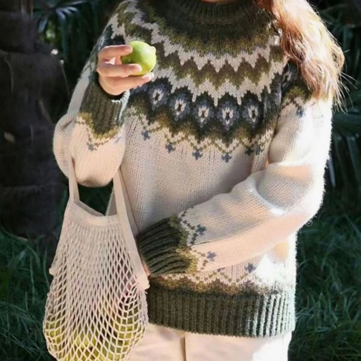 Grey Fair Isle Sweater – Women's Nordic Yoke Winter Knit - Green