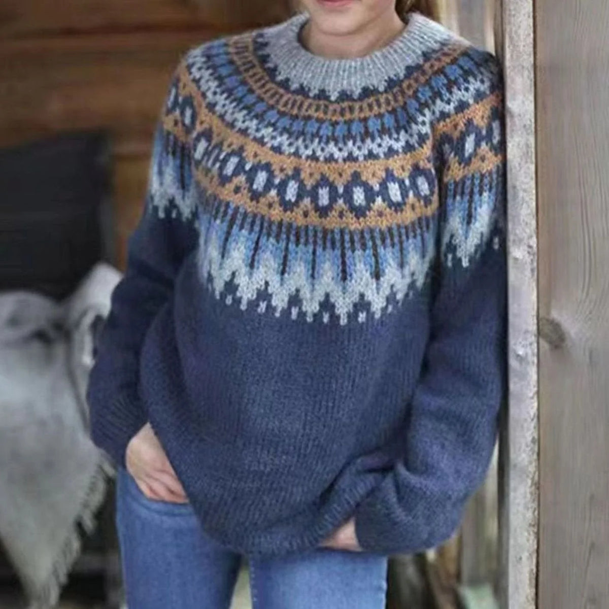 Grey Fair Isle Sweater – Women's Nordic Yoke Winter Knit - Grey