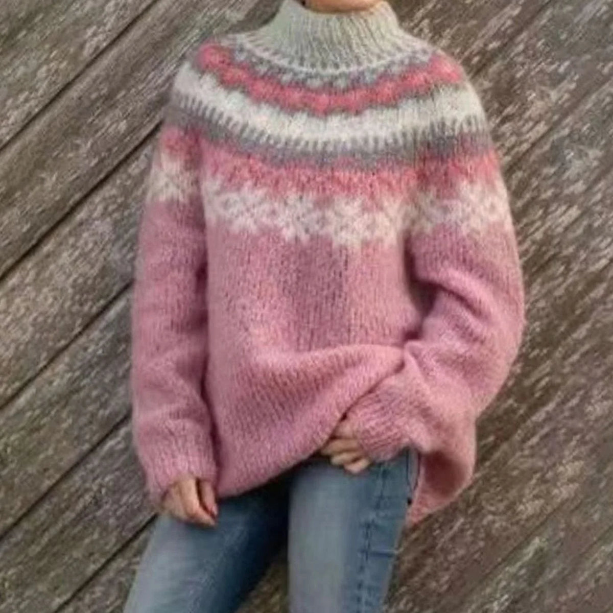Grey Fair Isle Sweater – Women's Nordic Yoke Winter Knit - Pink